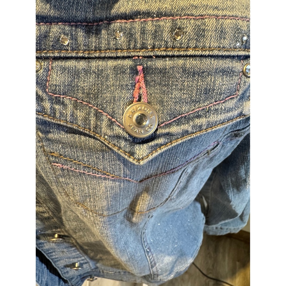 Arizona Jean Co Blue Denim Jacket Pink Contrast Stitching Cinch Back Rhinestone - Picture 4 of 9